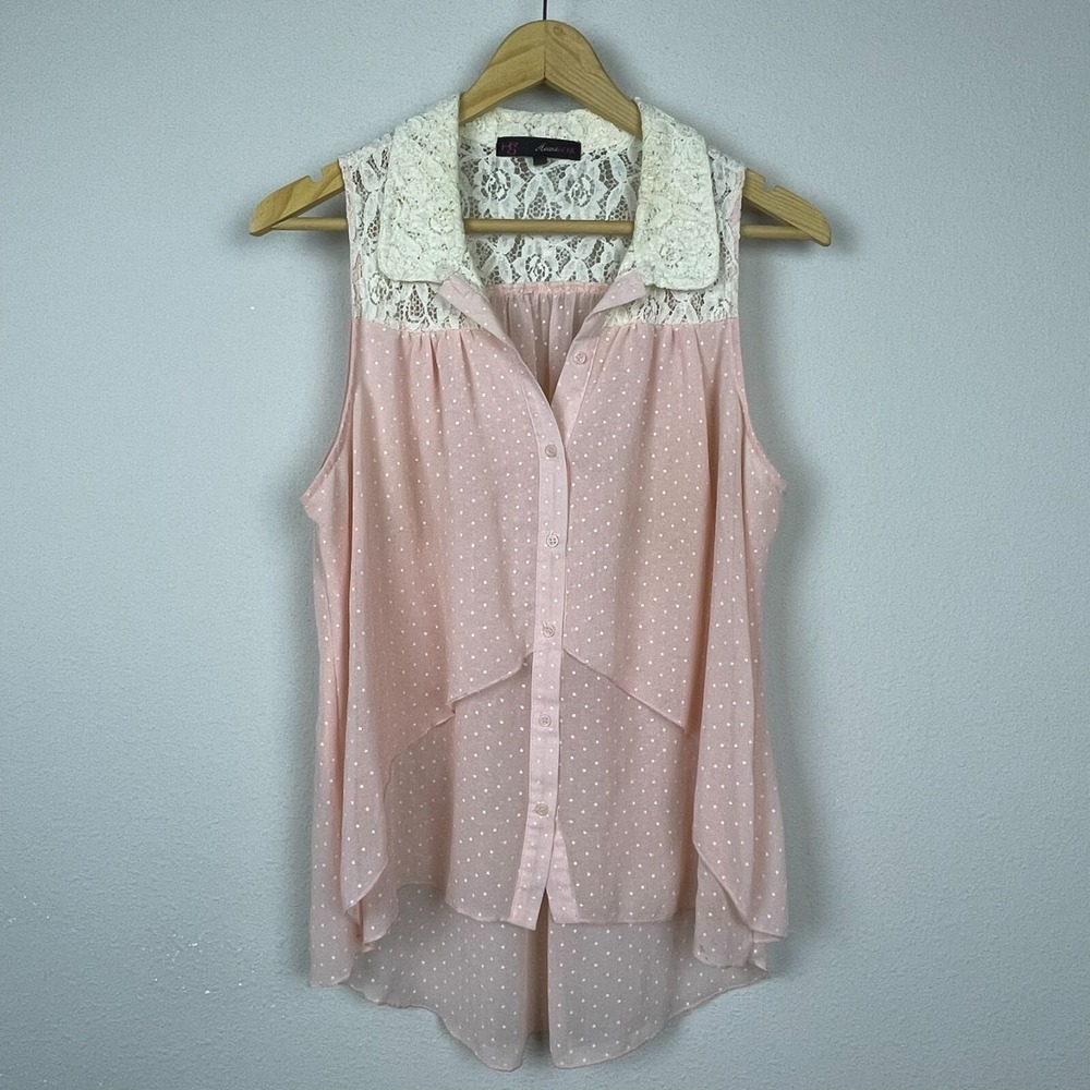 HeartSoul Blouse Women Large Pink Romantic Lace Polka Dot High Low Sleeveless